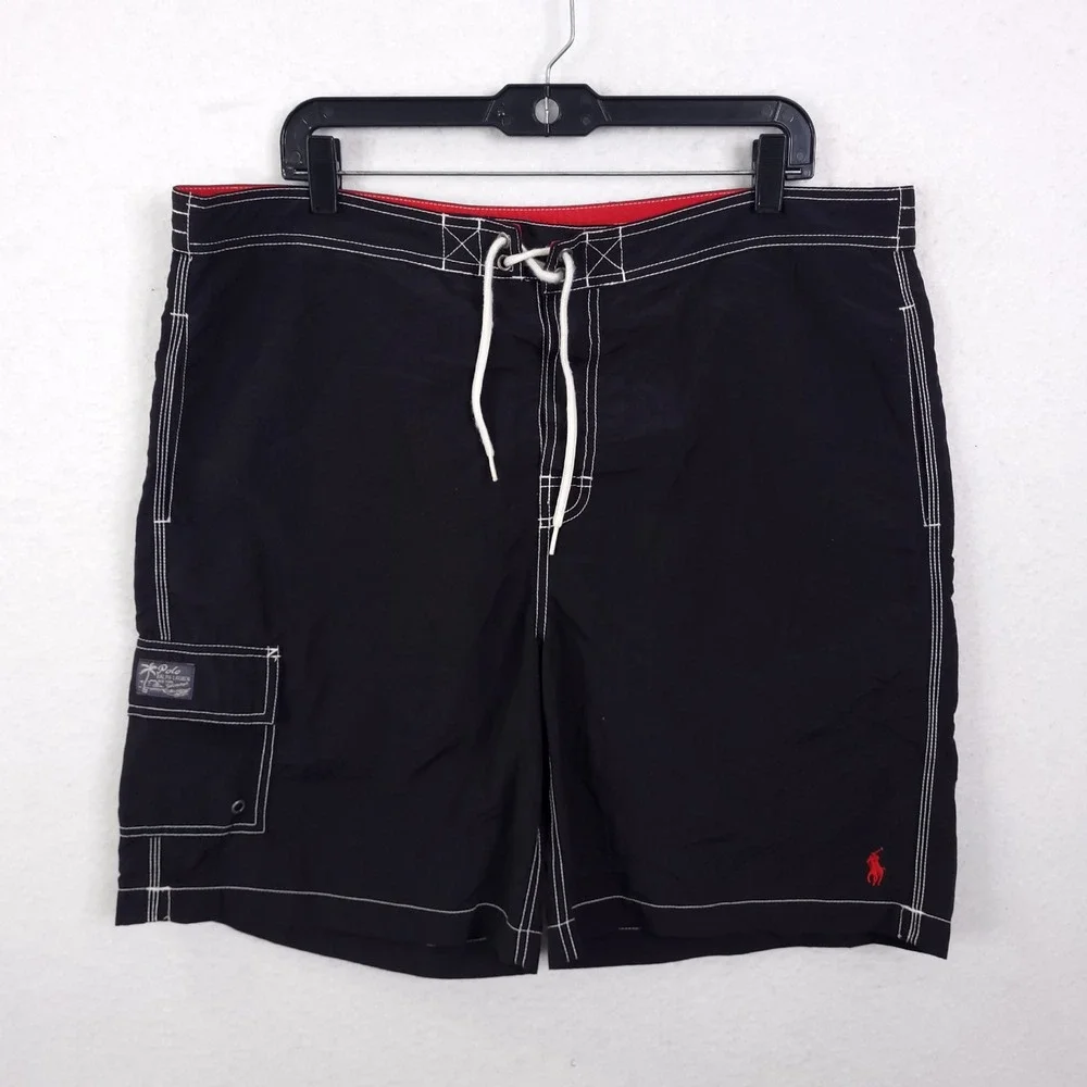 Polo Ralph Lauren Board Shorts Swim Trunk Mens XL Black Contrast Stitch Cargo